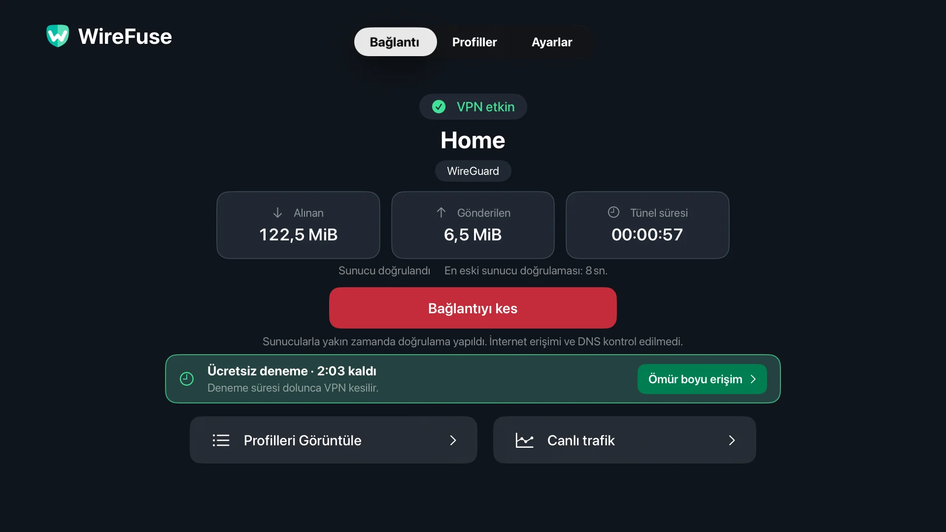 WireFuse Bağlantı ekranı: Ana profil, VPN durumu, eş doğrulama, aktarım toplamları ve Bağlantıyı Kes.