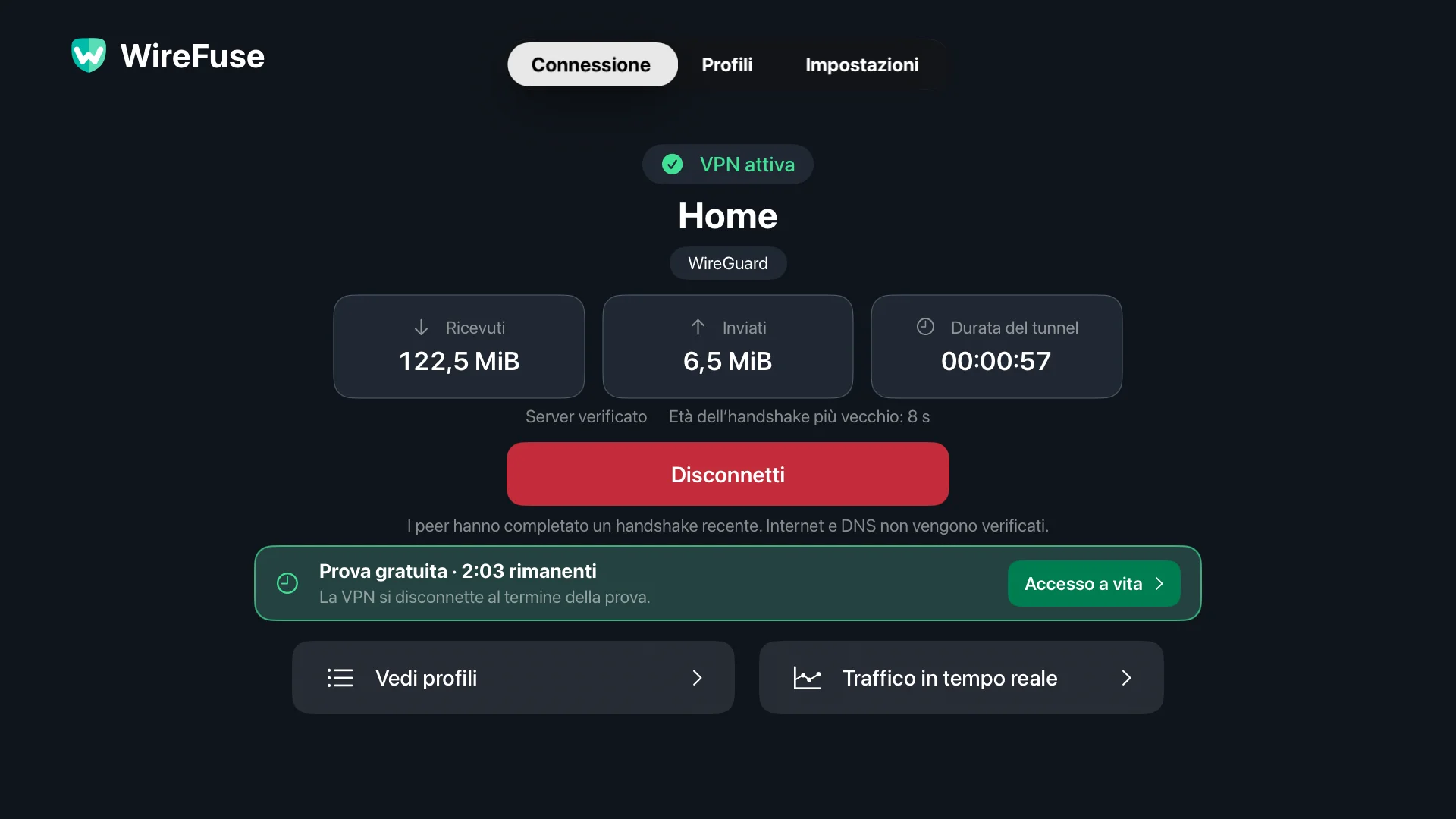 Schermata di connessione di WireFuse: profilo Home, stato di VPN, verifica peer, totali di trasferimento e disconnessione.