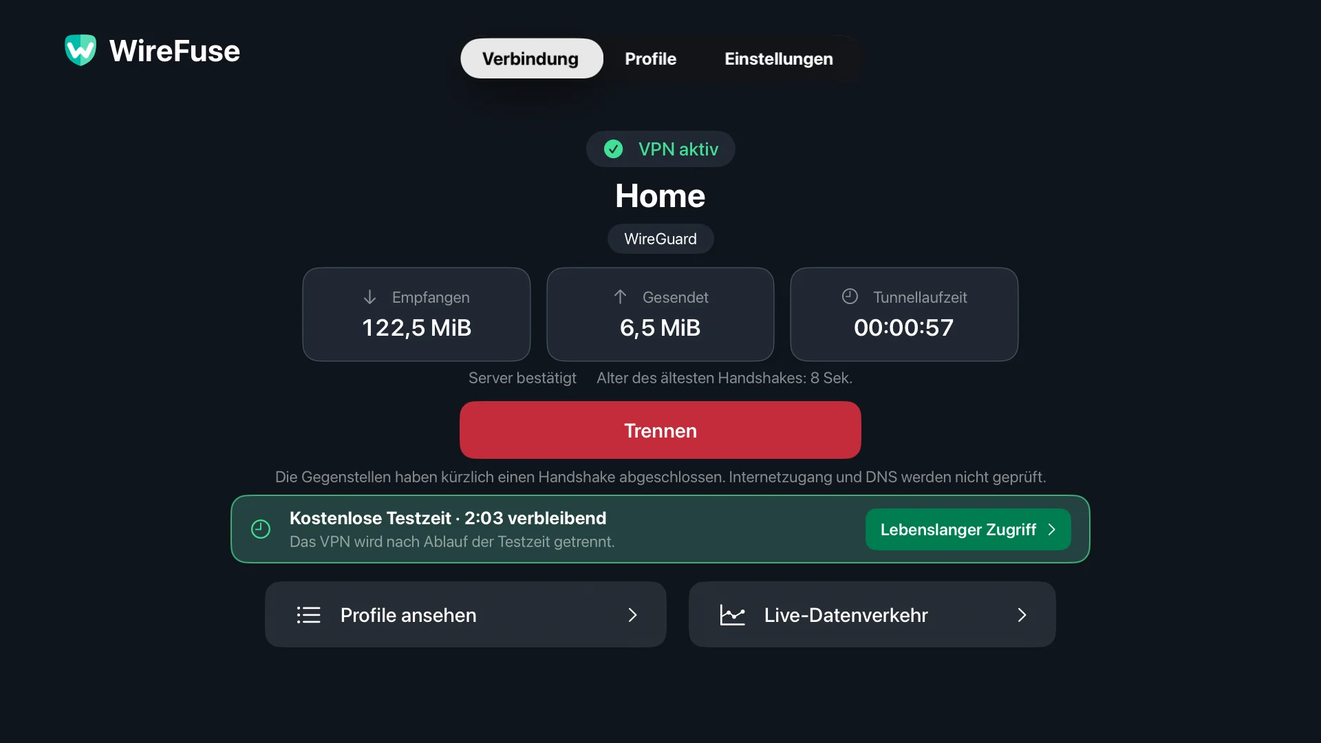 WireFuse-Verbindungsbildschirm: Home-Profil, VPN-Status, Peer-Verifizierung, Übertragungssummen und Verbindung trennen.
