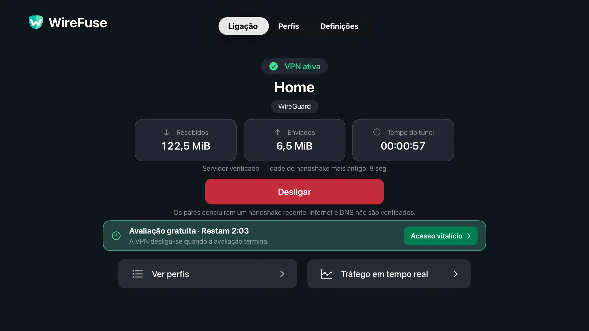 Ecrã de ligação do WireFuse: perfil inicial, estado do VPN, verificação de pares, totais de transferência e desconexão.