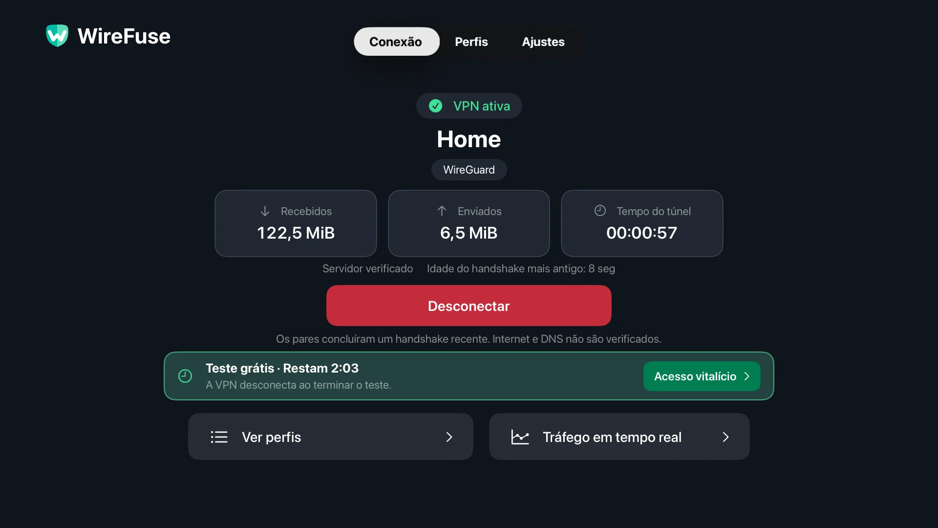 Tela de conexão do WireFuse: perfil inicial, status do VPN, verificação de pares, totais de transferência e desconexão.