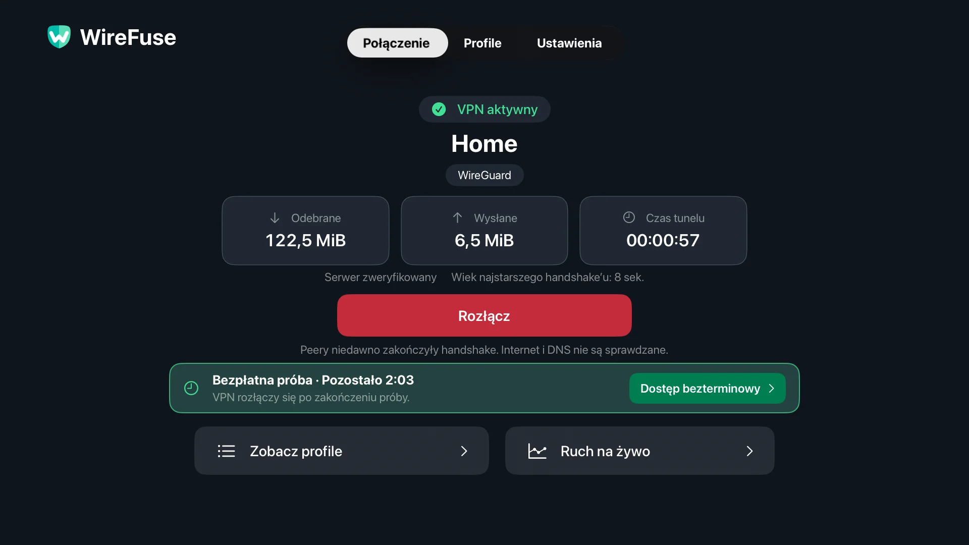 Ekran połączenia WireFuse: profil domowy, status VPN, weryfikacja równorzędna, suma transferów i rozłączenie.