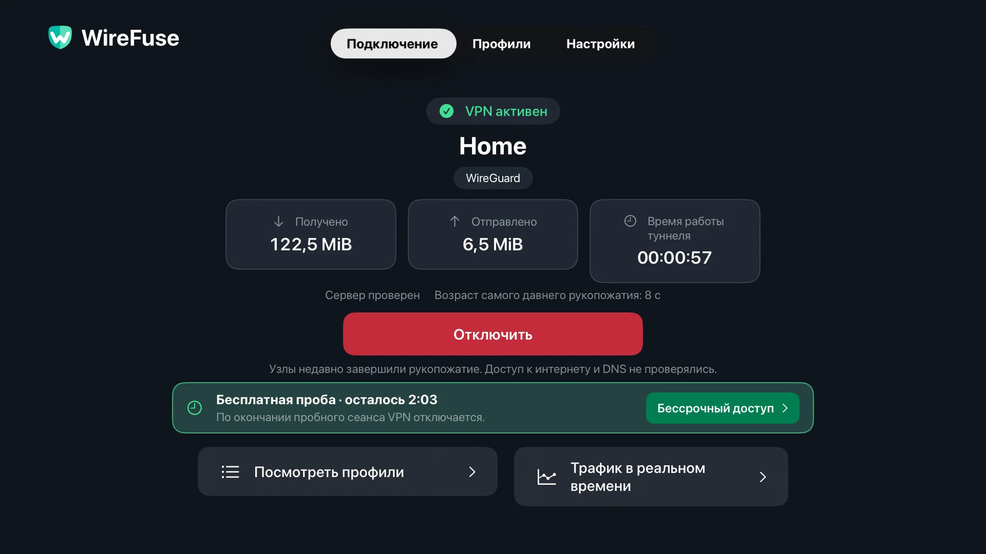 Экран подключения WireFuse: домашний профиль, статус VPN, проверка однорангового узла, общие суммы переводов и отключение.