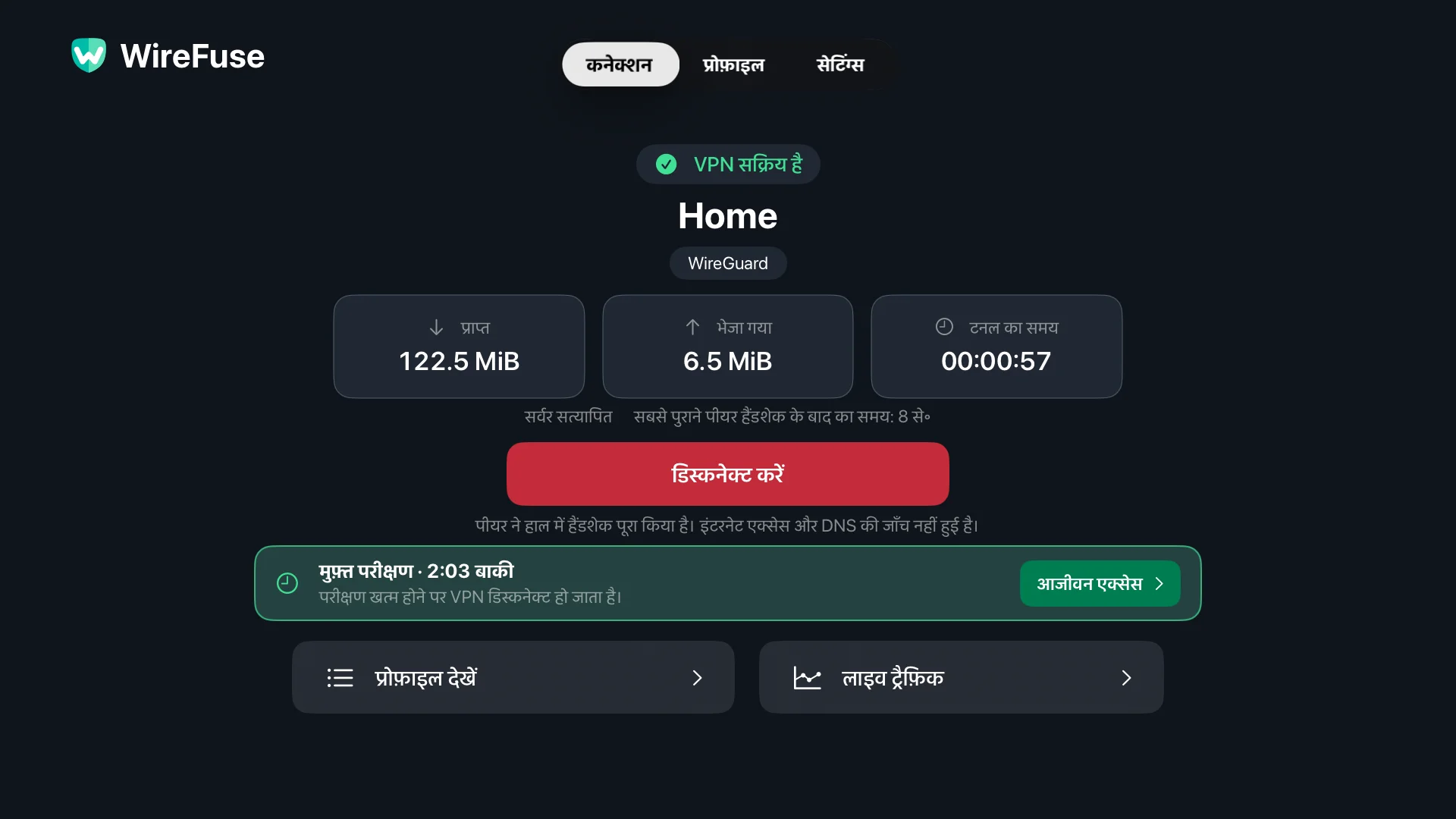 WireFuse कनेक्शन स्क्रीन: होम प्रोफ़ाइल, VPN स्थिति, सहकर्मी सत्यापन, स्थानांतरण योग और डिस्कनेक्ट।