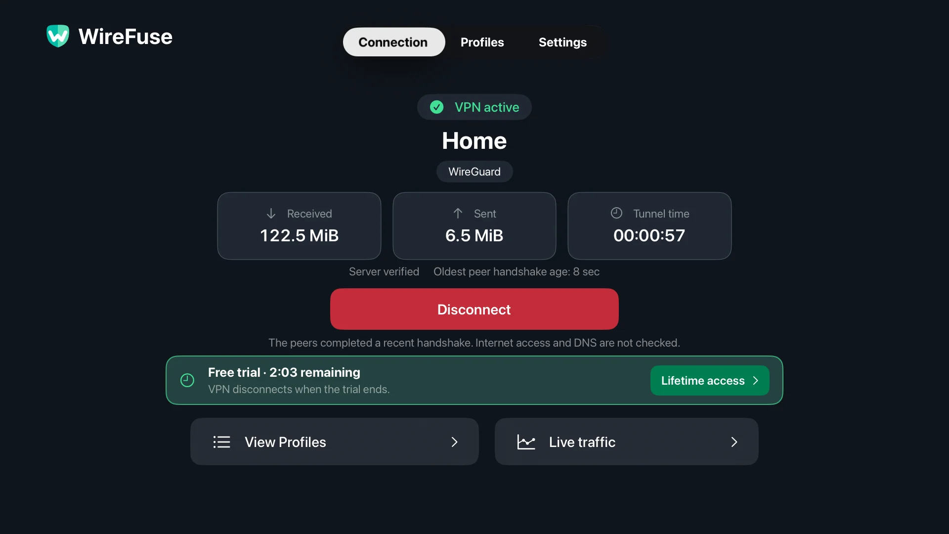 WireFuse Connection screen: Home profile, VPN status, peer verification, transfer totals and Disconnect.