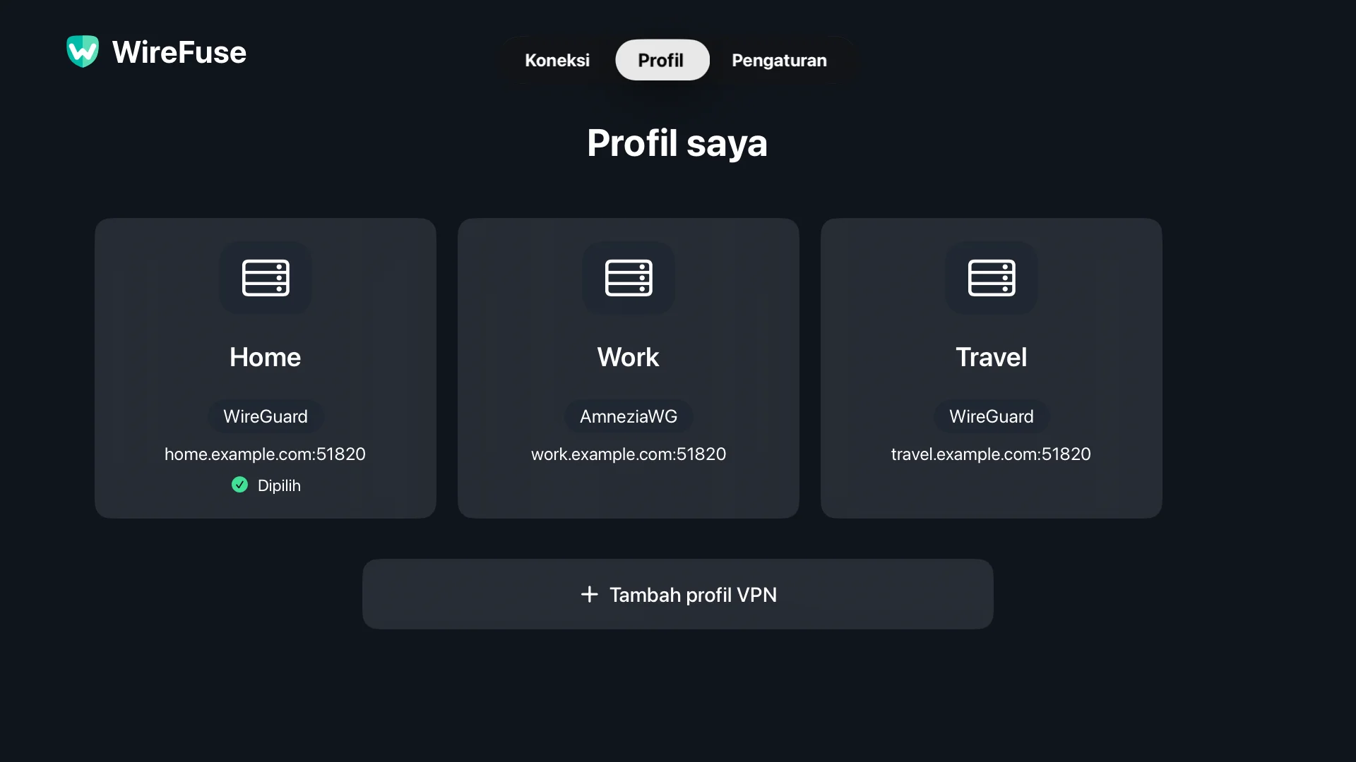 Konfigurasi Rumah, Kantor, dan Perjalanan di layar Profil WireFuse.