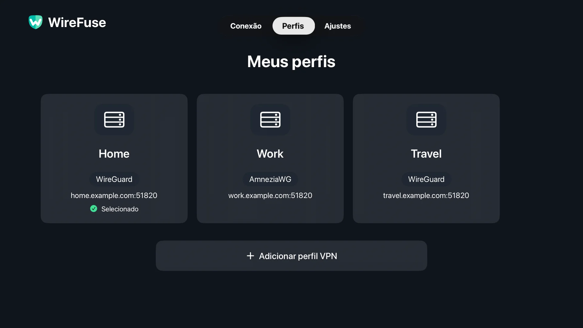Configurações de casa, trabalho e viagem na tela Perfis WireFuse.