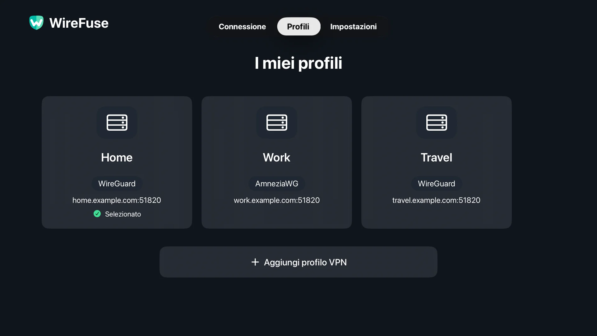 Configurazioni Casa, Lavoro e Viaggio nella schermata Profili WireFuse.