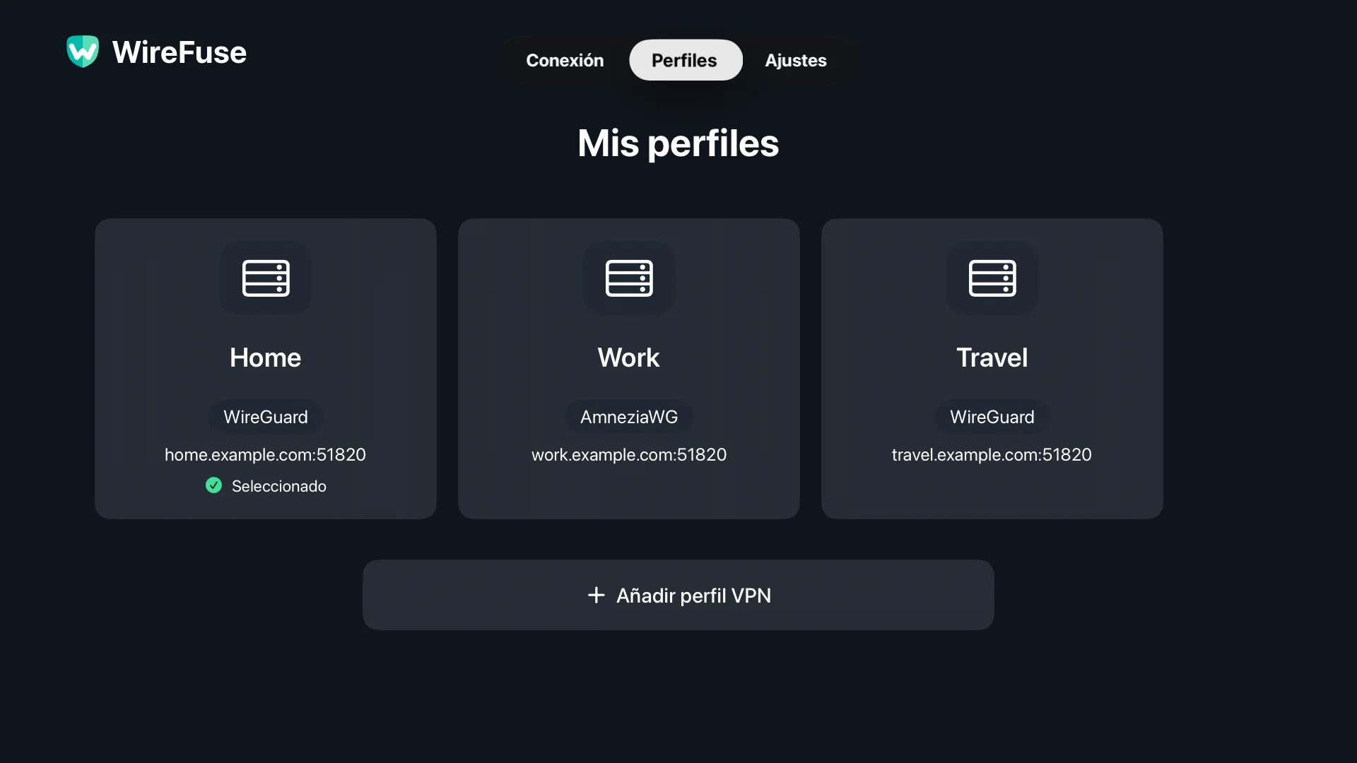 Configuraciones de Hogar, Trabajo y Viajes en la pantalla Perfiles WireFuse.